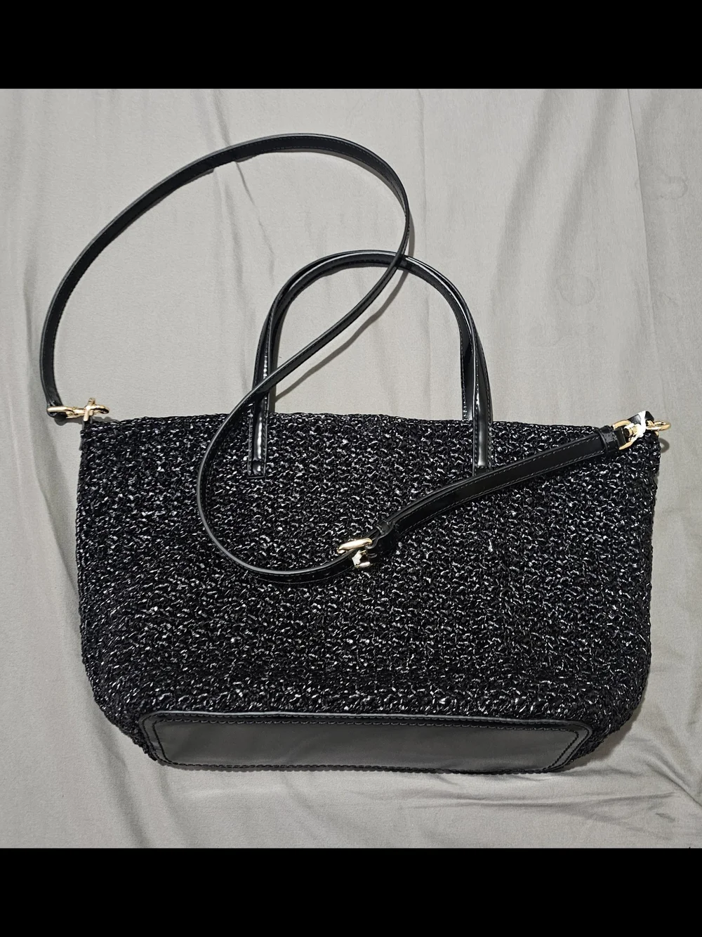 Tory Burch Emerson Raffia Black Tote Bag With Leather Pouch